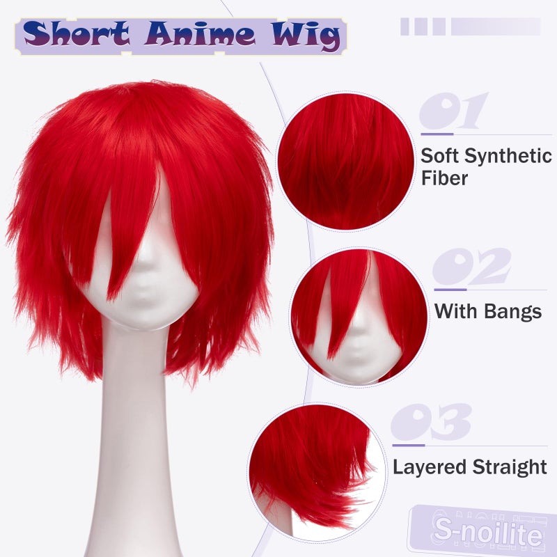 S-noilite Short Red Cosplay Wig Fluffy Straight Synthetic Hair Short Red Anime Wig Women Male Mens' Costume Wigs for Halloween Comic-cons Party - Image 3